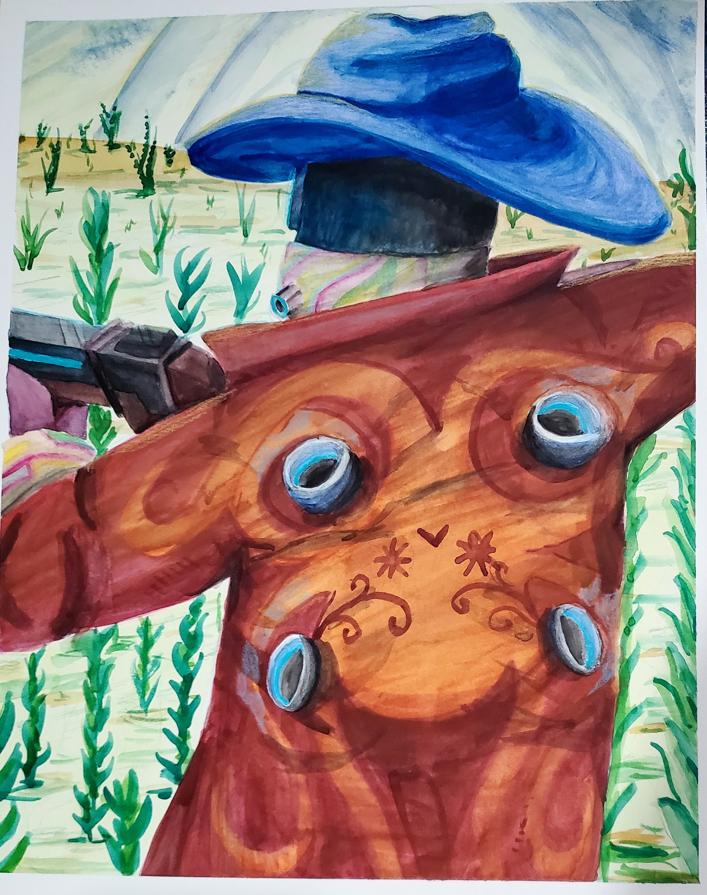 A watercolor painting of Bandit from risk of rain 2