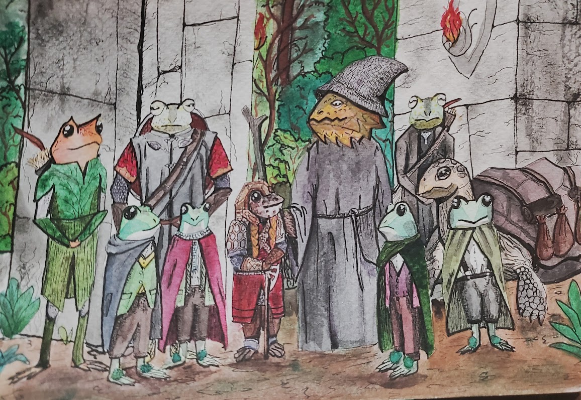 A watercolor painting of The Fellowship of the Rings - but as frogs