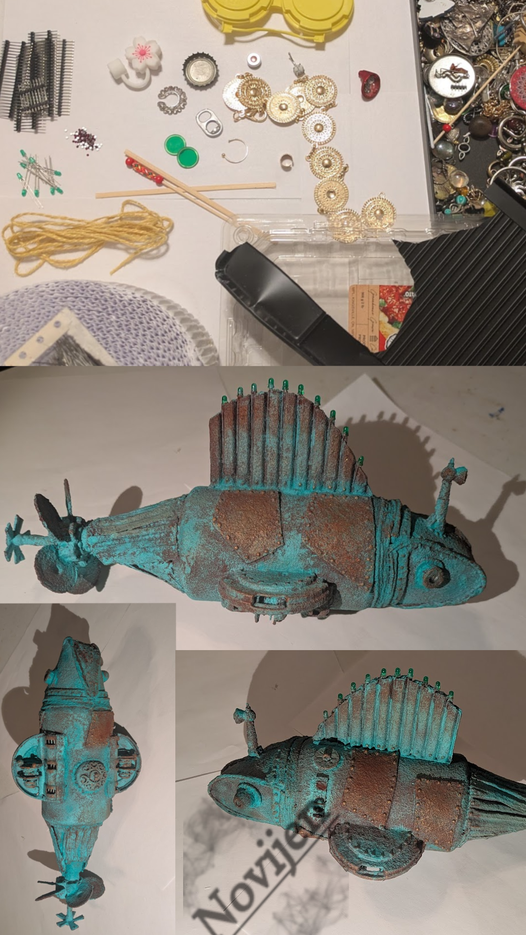 a collage of four images. The top image shows a collection of junk, mostly recycling and jewelry. The three bottom images show a small steampunk inspired fish-like submarine painted to look like verdigris copper.